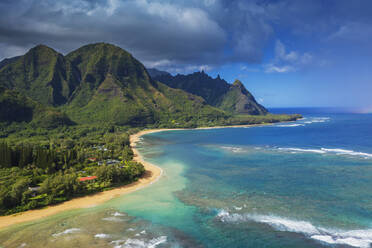 Aerial view by drone of Tunnels Beach, Haena State Park, Kauai Island, Hawaii, United States of America, North America - RHPLF14067