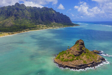 Aerial view by drone of Kaneohe Bay and Mokolii island (Chinaman's Hat), Oahu Island, Hawaii, United States of America, North America - RHPLF14129