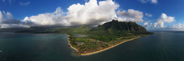 Aerial view by drone of Kaneohe Bay, Oahu Island, Hawaii, United States of America, North America - RHPLF14131