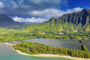 Aerial view by drone of Kaneohe Bay, Oahu Island, Hawaii, United States of America, North America - RHPLF14132