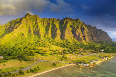 Aerial view by drone of Kaneohe Bay sea cliffs, Oahu Island, Hawaii, United States of America, North America - RHPLF14133