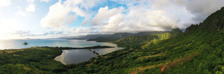 Aerial view by drone of Kaneohe Bay, Oahu Island, Hawaii, United States of America, North America - RHPLF14135