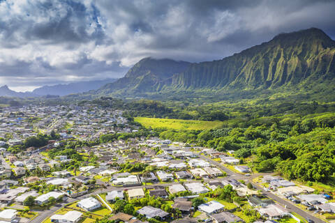 Luftaufnahme einer Drohne von Kailua, Insel Oahu, Hawaii, Vereinigte Staaten von Amerika, Nordamerika, lizenzfreies Stockfoto