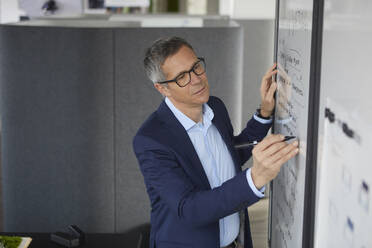 Geschäftsmann schreibt auf Whiteboard im Büro - RBF07158