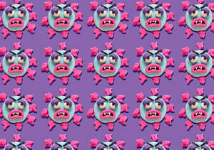 Rows of coronoa viruses with plasticine faces on purple background - GEMF03495