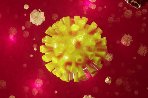 3D Rendered Illustration of a Corona virus surrounded by white blood cells - SPCF00562