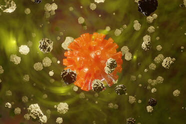 3D Rendered Illustration of a Corona virus surrounded by white blood cells - SPCF00563