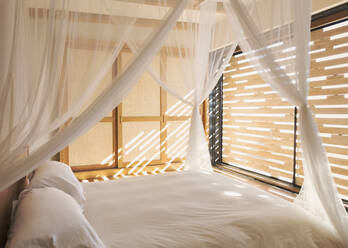 Weiße Gaze Vorhänge auf Himmelbett in ruhigen modernen, luxuriösen Hause Showcase Interieur Schlafzimmer - HOXF05208