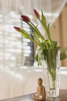 Tulpenstrauß in Vase und hölzerne Buddha-Statuette - HOXF05234