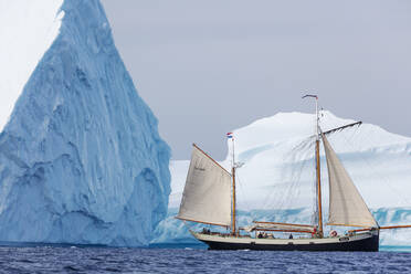Schiff fährt entlang majestätischer Eisberge auf dem Atlantischen Ozean Grönland - HOXF05372