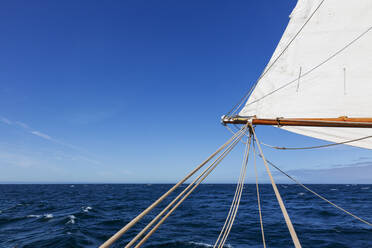 Sailboat sail and mast over sunny blue Atlantic Ocean Greenland - HOXF05436