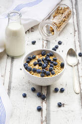 Milk bottle, napkin and bowl of muesli with blueberries - LVF08680