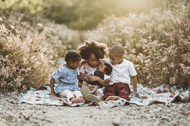 Vier glückliche Geschwister sitzen gemeinsam auf einer Decke in einem beleuchteten Feld - CAVF77603