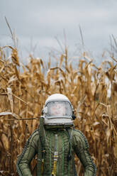 Young spaceman standing in wilted corn field - JCMF00458