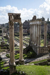 Italy, Rome, Roman Forum and colonnades of Temple of Vespasian and Titus - HLF01236