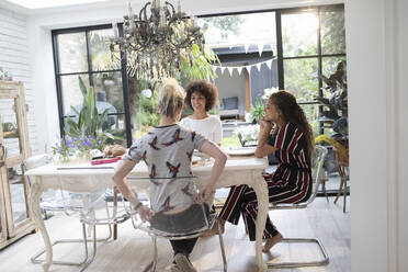 Young women friends at dining table - HOXF06104