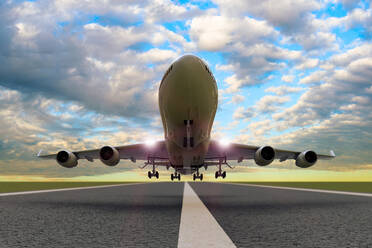 Low Angle View Of Airplane Taking Off From Runway Against Sky - EYF01594