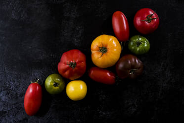 Nahaufnahme einer Auswahl von Tomaten in verschiedenen Formen und Farben auf schwarzem Hintergrund. - MINF14489