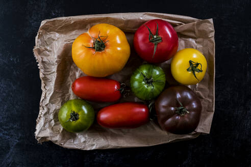 Nahaufnahme einer Auswahl von Tomaten in verschiedenen Formen und Farben auf schwarzem Hintergrund. - MINF14490