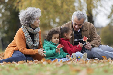 Großeltern und Enkelkinder essen Wassermelone im Herbstpark - CAIF24559