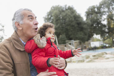 Großvater und Kleinkind-Enkel spielen mit Seifenblasen im Park - CAIF24572