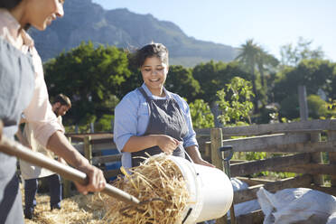 Smiling woman working on farm, emptying hay from bucket - CAIF24594