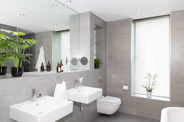 Modern gray and white bathroom with double vanity - CAIF24692