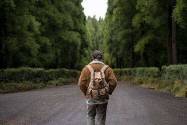 Rückansicht eines Mannes auf einem Waldweg, Insel Sao Miguel, Azoren, Portugal - AFVF05837