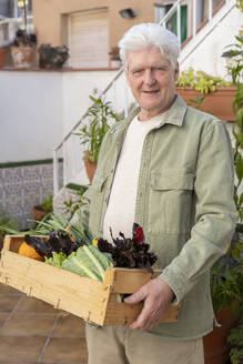 Porträt eines älteren Mannes, der eine Kiste auf einer Terrasse trägt - AFVF05882