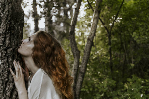 Junge rothaarige Frau umarmt Baumstamm im Wald - AFVF05927