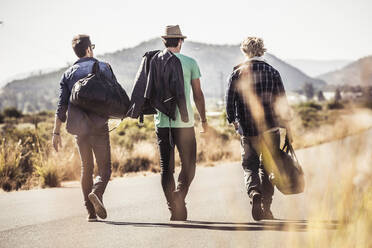 Rear view of three men with travelling bags walking on country road - SDAHF00668