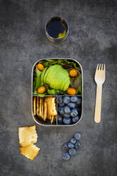 Bowl of salad dressing and lunch box with sliced avocado, yellow tomatoes, crackers, blueberries and green salad - LVF08695