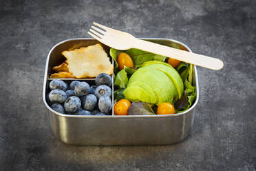 Lunch box with sliced avocado, yellow tomatoes, crackers, blueberries and green salad - LVF08698