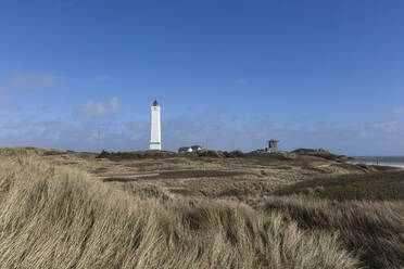 Dänemark, Romo, Blavand, Grasbewachsene Küstenlandschaft mit Leuchtturm im Hintergrund - ASCF01181