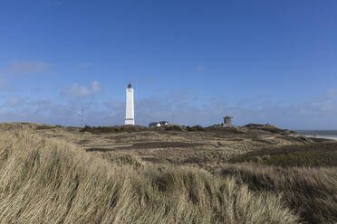 Denmark, Romo, Blavand, Grassy coastal landscape with lighthouse in background - ASCF01181