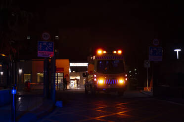 Ambulance on emergency mission at hospital, Madrid, Spain - OCMF01146