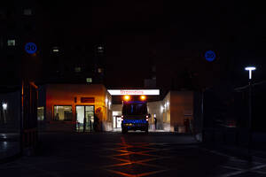 Ambulance on emergency mission at hospital, Madrid, Spain - OCMF01147