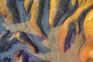 Spain, Navarre, Aerial view of rock formations of Bardenas Reales badlands - DSGF01873