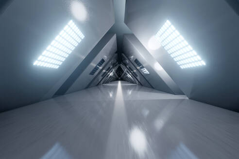 Dreidimensionales Rendering eines futuristischen Korridors mit schrägen Wänden - SPCF00584