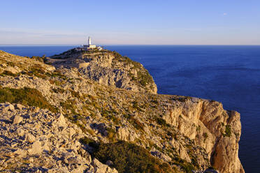Spain, Mallorca, Aerial view of Formentor Lighthouse at dawn - SIEF09683
