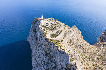 Spain Mallorca Pollenca Drone view of winding road leading to