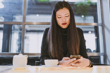 Elegante junge Frau mit Smartphone in einem Café - FBAF01340