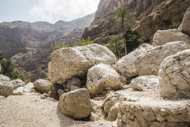 Oman, Gouvernement Ash Sharqiyah Nord, Felsbrocken im Wadi Shab Tal - AUF00189