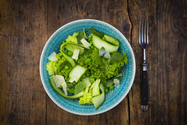 Plate of salad with green peas, mint, cucumber, Parmesan cheese and Lollo Bionda lettuce - LVF08715