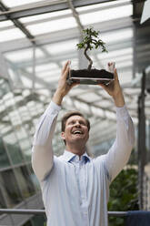 Businessman watching bonsai grow in transparent box - JOSEF00152