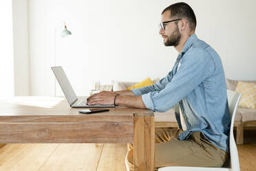 Junger Mann arbeitet zu Hause an seinem Laptop im Heimbüro im modernen Wohnzimmer - SBOF02217