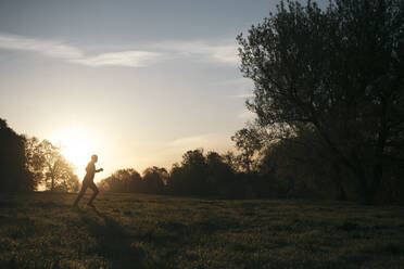 Silhouette eines joggenden Mannes in einem Park bei Sonnenaufgang - EYAF01006