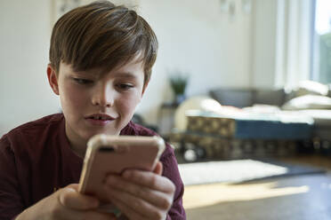 Portrait of boy using smartphone at home - AUF00231