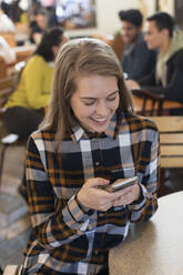 Young woman using smart phone in cafe - CAIF24934