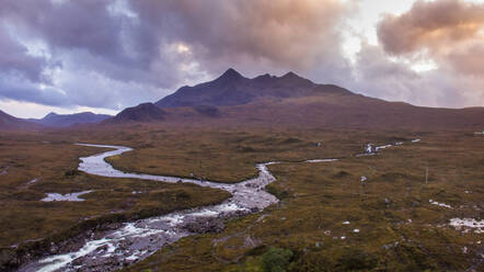 Aerial view of the Sgurr nan Gillean mountain range on famous Isle of Skye in Scotland. - AAEF07348